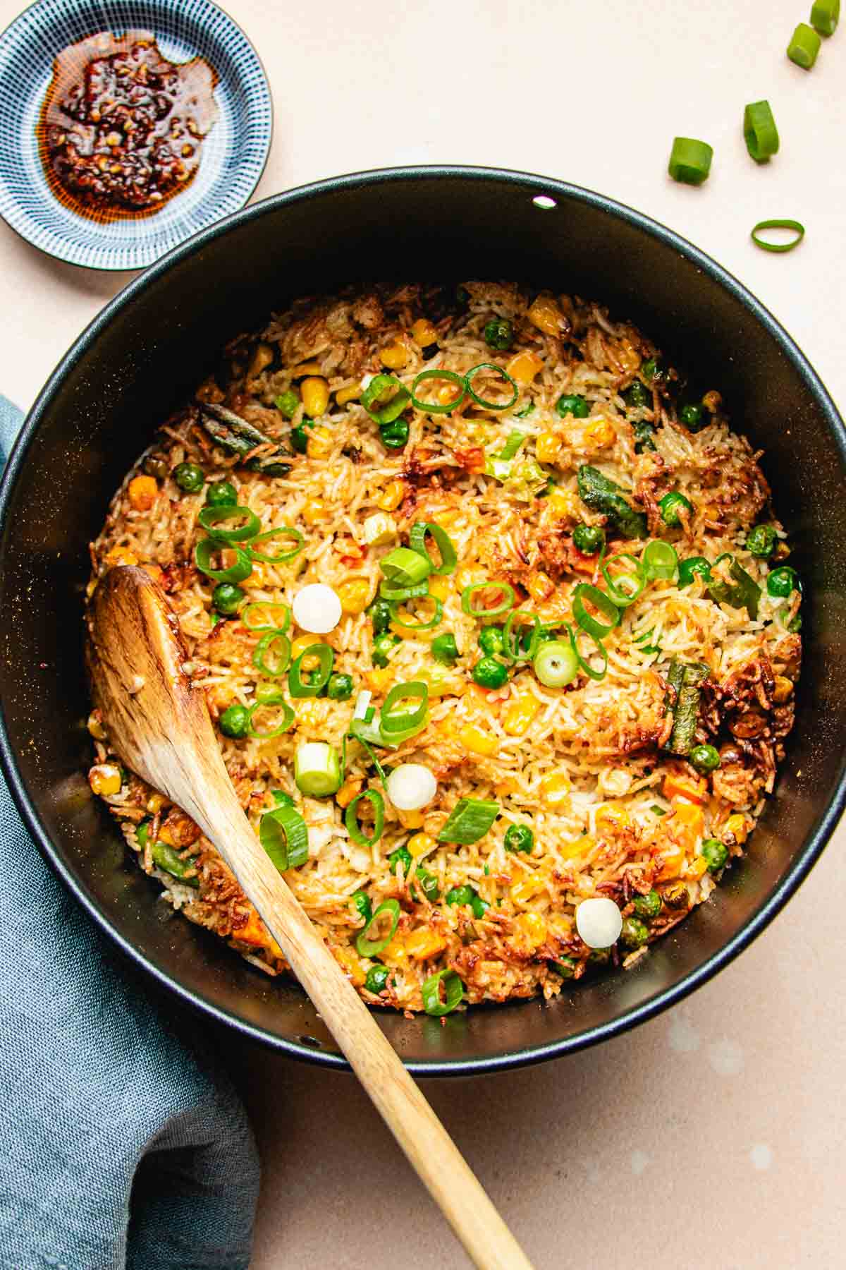 Photo shows air fryer vegetable fried rice made inside of a cake pan