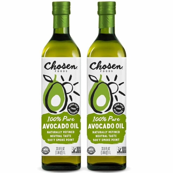 Photo shows avocado oil in glass bottles