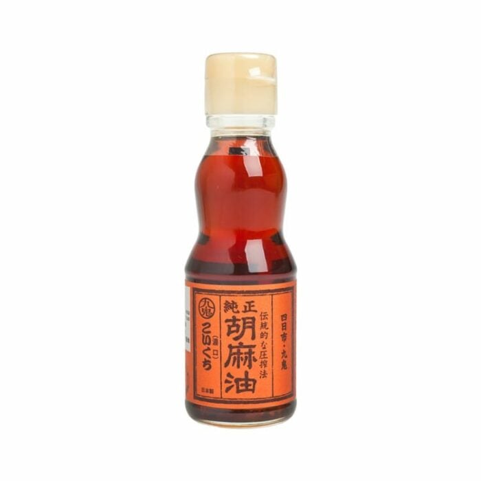 Photo shows a bottle of toasted sesame oil