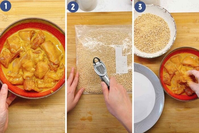 Person demos how to slice, season, and bread the chicken before frying