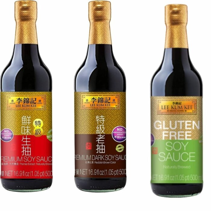 Photo shows Chinese light and dark soy sauce and gluten-free soy sauce