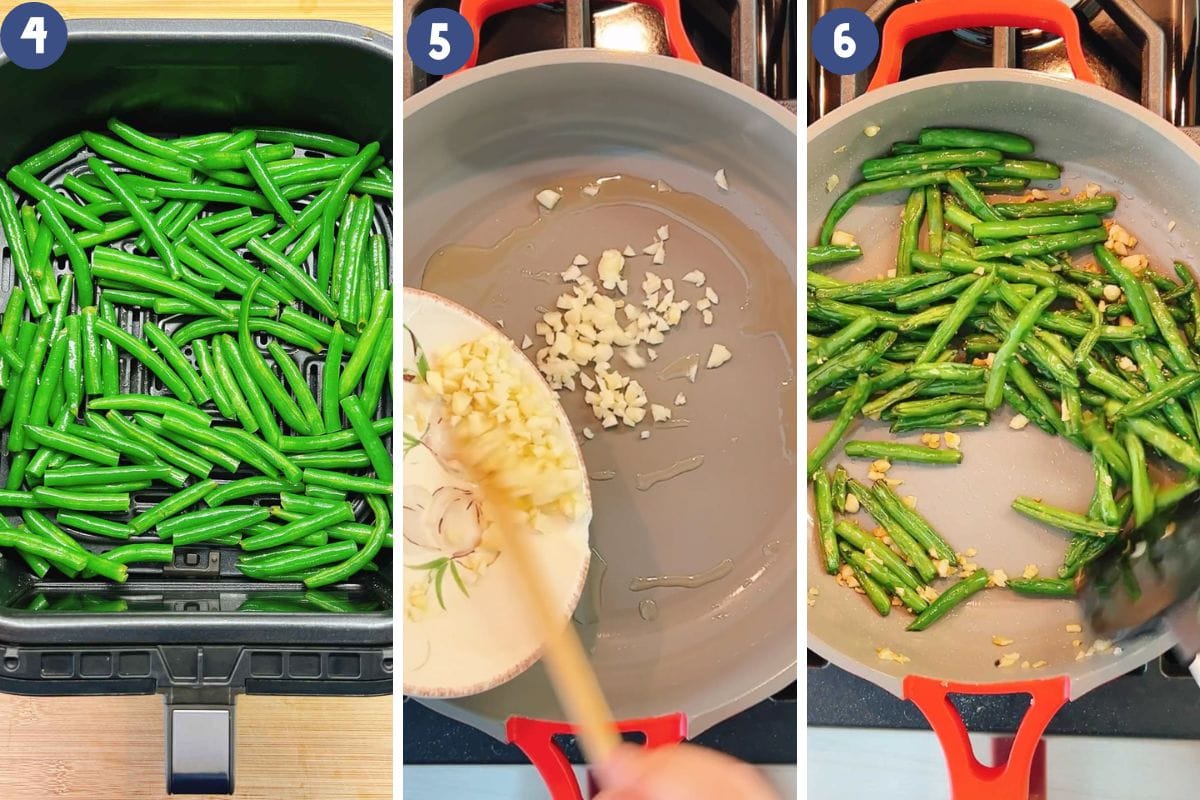 Person demos how to make Din tai fung style green beans at home using an air fryer to fry the green beans then saute with garlic on a stovetop
