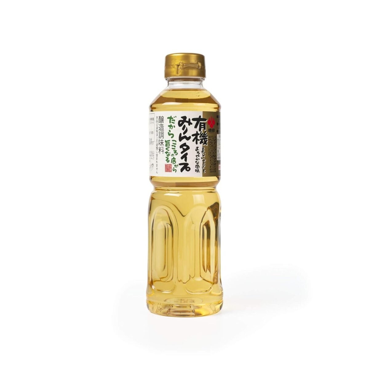 A clear plastic bottle filled with light yellow liquid, featuring a gold cap and a label with Japanese text and green, red, and black accents—an ideal addition to your Chinese pantry essentials. The bottle stands upright on a white background.