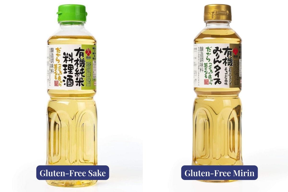 Two clear plastic bottles with yellow liquid and Japanese labels. The left is Gluten-Free Sake, the right is Gluten-Free Mirin—both essential additions to your Chinese pantry staples. Each features green or gold caps for a classic touch.