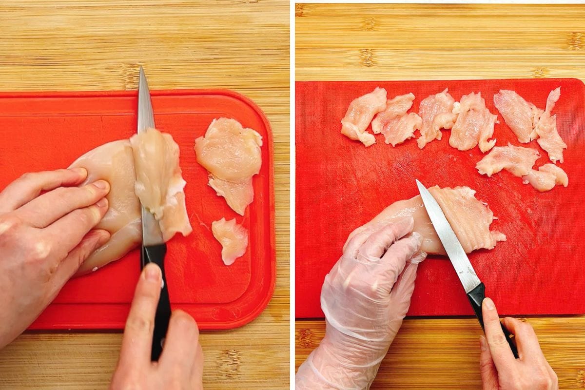 Two images side by side show hands slicing raw chicken breast in a 45 degree angle slice on a red cutting board with a knife—one bare, one wearing a disposable glove. This step is key in preparing velvetized chicken for your next stir fry recipe.