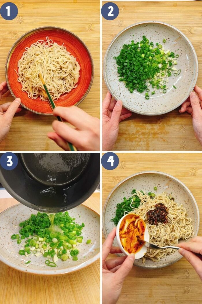 Person demos how to make ramen noodles with chili oil