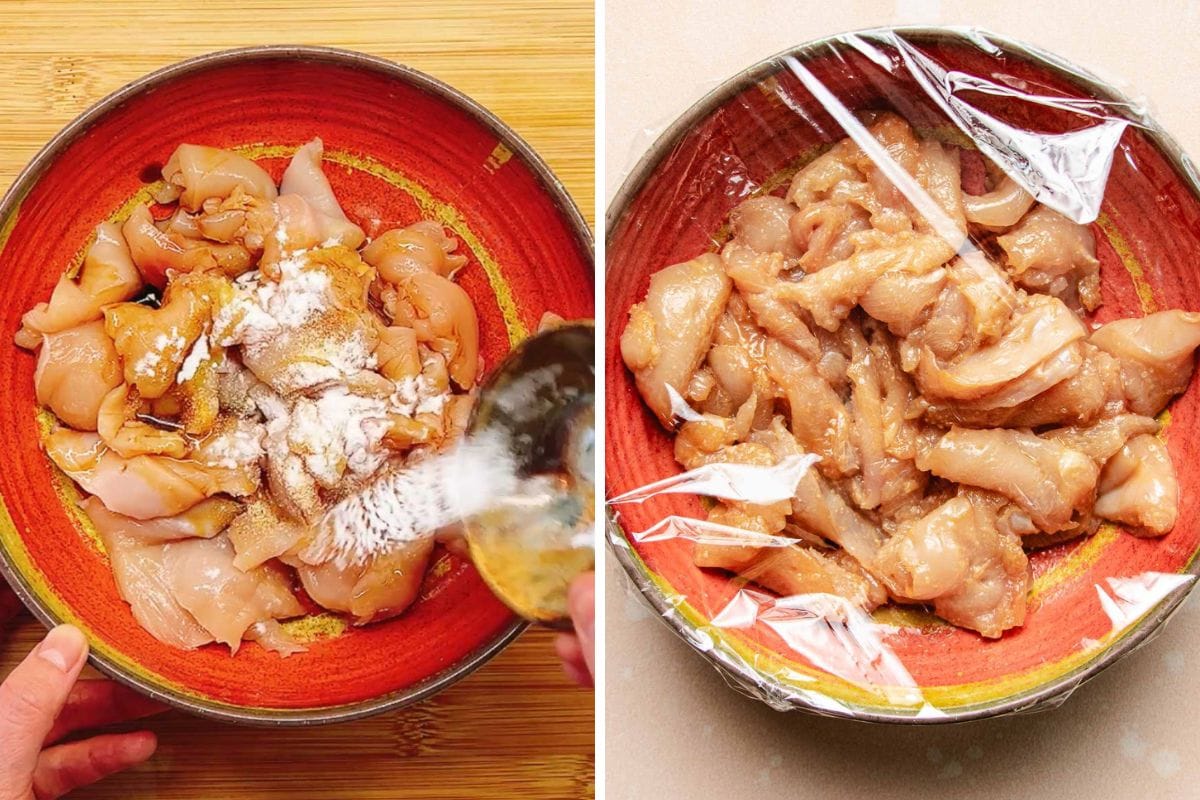 Two side-by-side images: On the left, raw chicken pieces in a bowl are being velveted with seasonings for a chicken stir fry marinade. On the right, the marinated chicken is covered with plastic wrap, ready to rest.