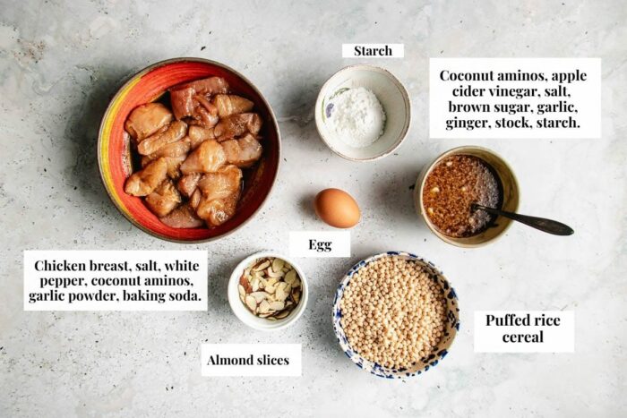 Photo shows ingredients needed to make crispy almond chicken
