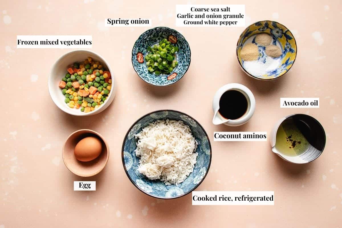 Photo shows ingredients used to make air fry fried rice