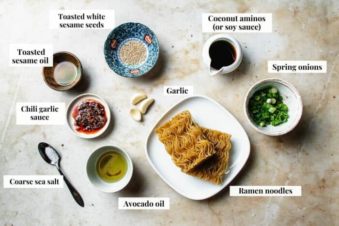 Photo shows ingredients needed to make a spicy flavored garlic ramen noodles