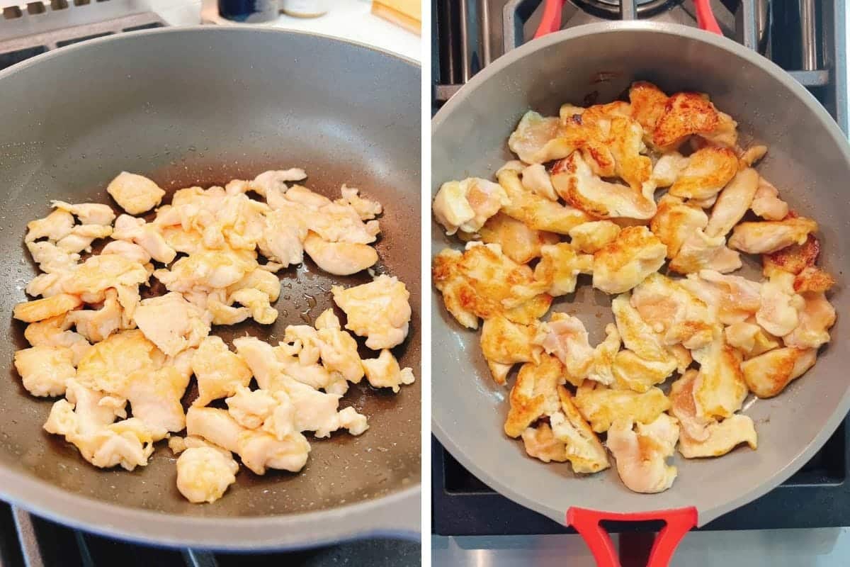 Side-by-side images show pieces of chicken cooking in a skillet; the left side shows raw or lightly cooked velvetized chicken, while the right side displays how to velvet chicken until browned and cooked through.