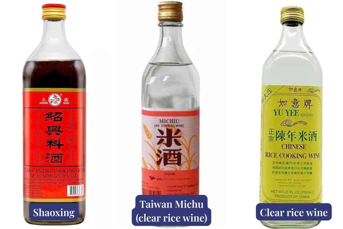 Three bottles of Chinese rice wine—a Chinese pantry staple—are shown: Shaoxing with a red label, Taiwan Michiu with a clear label, and Yu Yee brand clear rice wine with a pale yellow label.