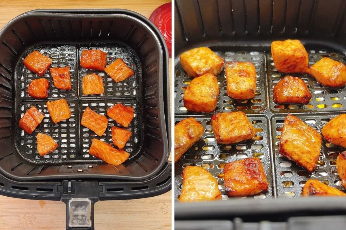 Two photos of Bang bang salmon bites in an air fryer basket: on the left, raw marinated salmon is spaced out; on the right, the chunks are cooked, golden, and slightly caramelized for crispy Bang bang salmon air fryer perfection.