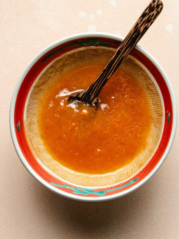 Photo shows egg roll dipping sauce served in a bowl.