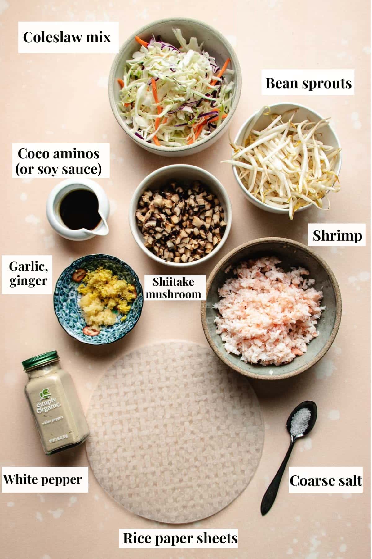 Ingredients used to make rice paper wrapper and egg roll filling.