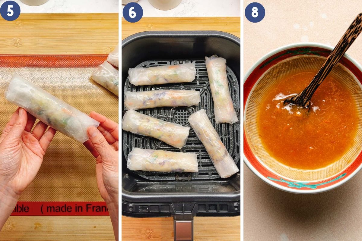 Person demos how to air fry, bake ,or bake gluten free egg rolls and prepare dipping sauce.