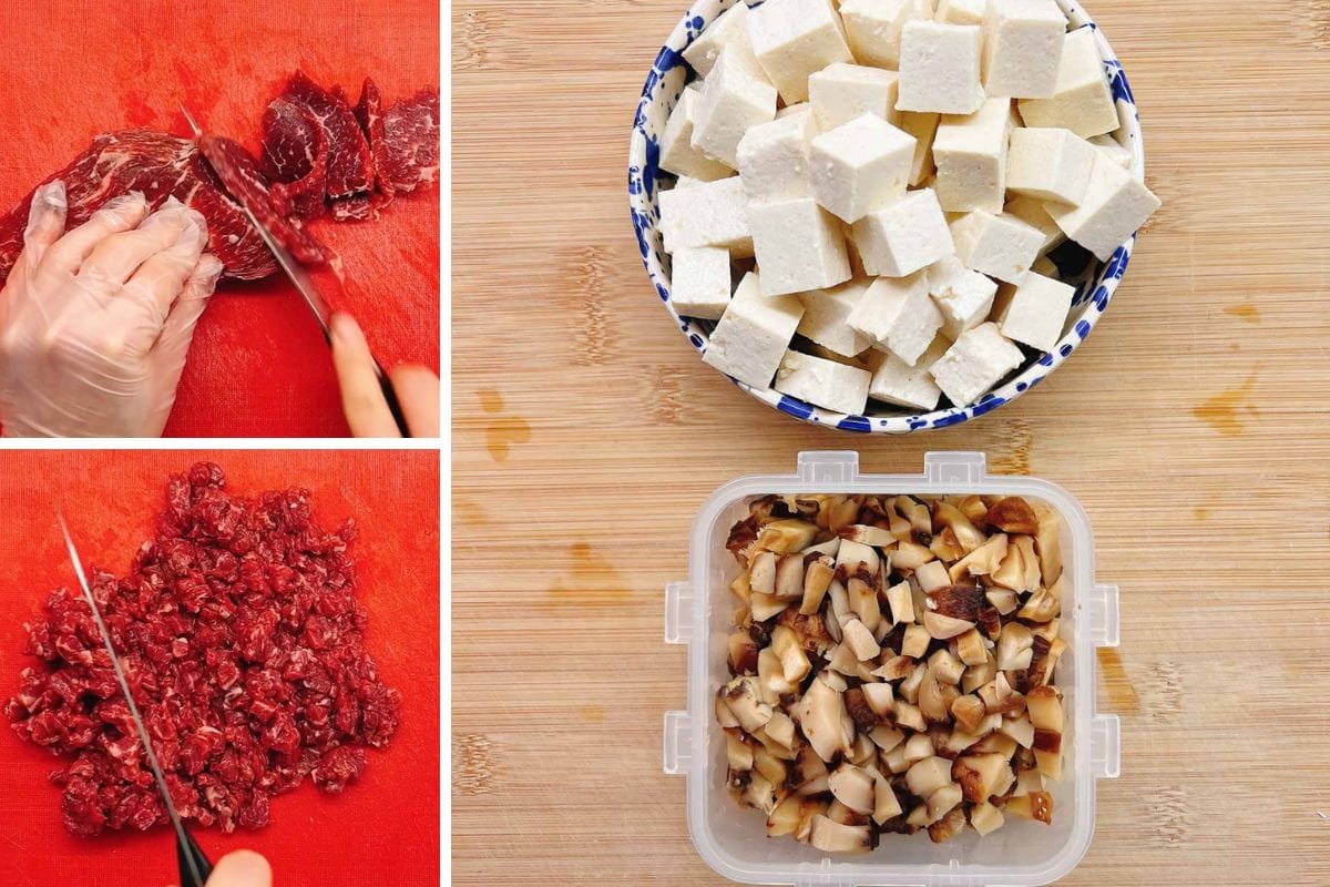 A collage shows beef being sliced and minced on a red board, a bowl of tofu cubes, and a container of diced mushrooms on a wooden surface—classic ingredients often used in preparing West Lake beef soup.