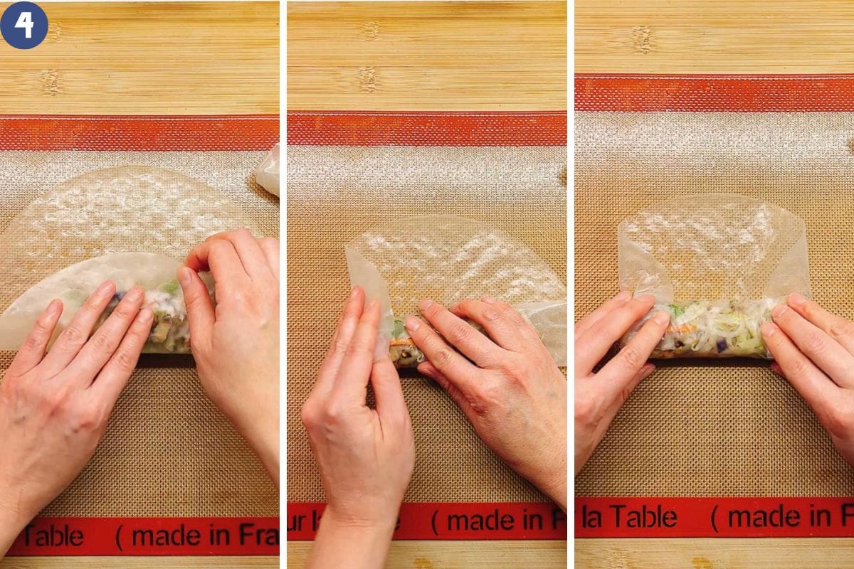 Person demos how to wrap egg rolls with rice paper