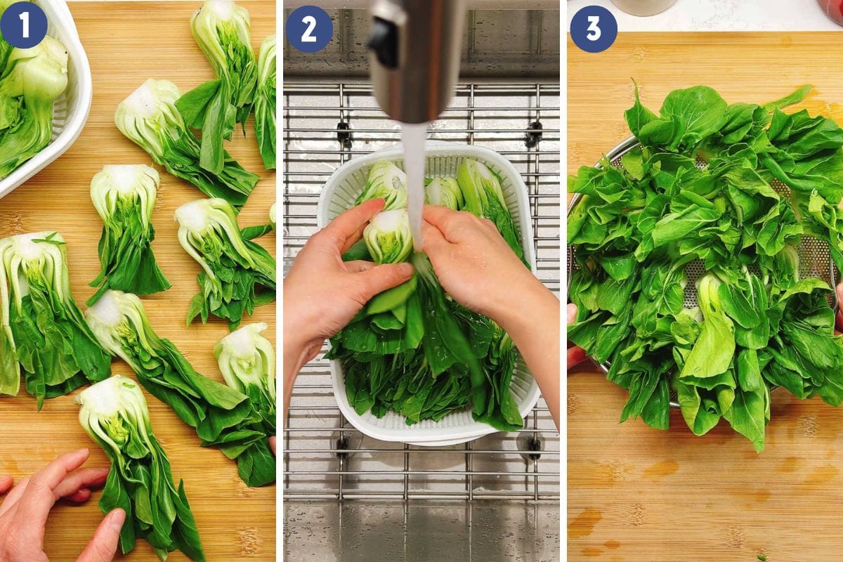 Person demos how to cut, wash, and steam bok choy