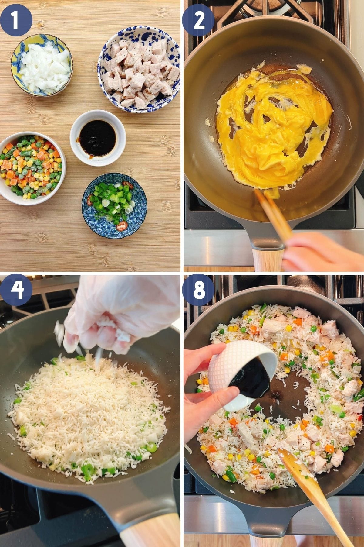 Person demos how to make fried rice with leftover turkey.