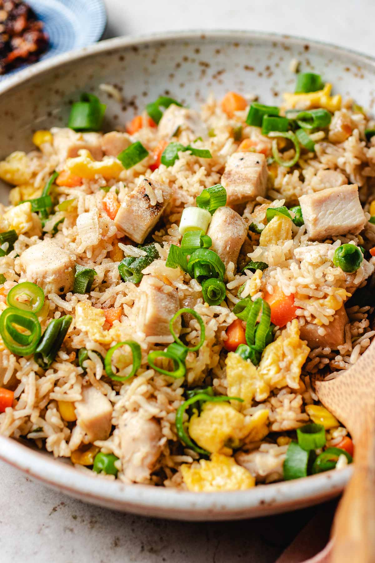 A side close shot image shows stir fried rice with leftover turkey and vegetables served on a white plate.