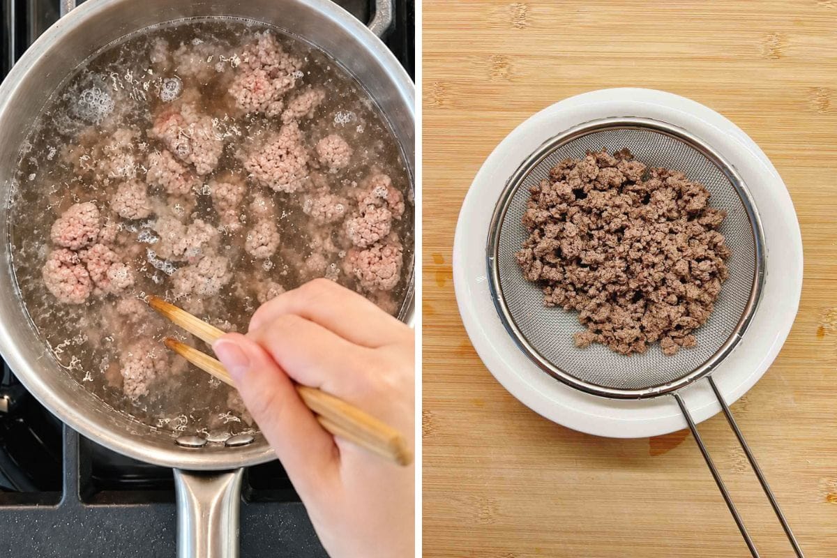 Left: Hand using chopsticks to stir ground meat boiling in a pot of water, as commonly done when preparing West Lake beef soup. Right: Cooked ground meat draining in a mesh strainer over a bowl, set on a wooden surface.