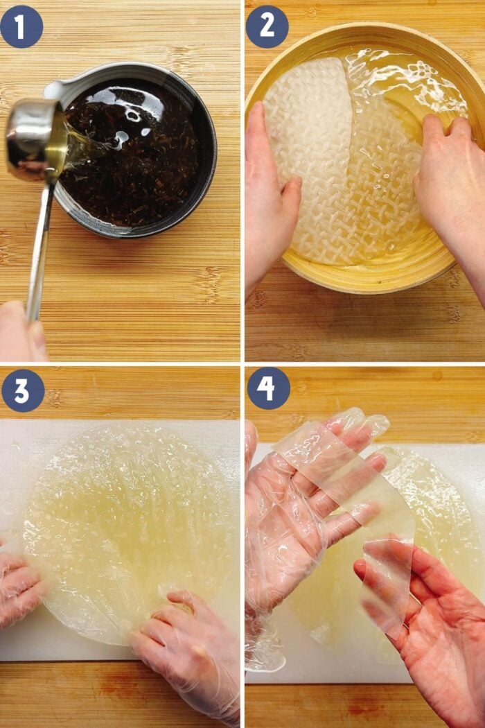 Person demos how to turn rice paper into noodles