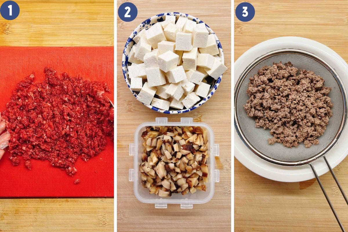 Person demos how to mince beef, par-boil beef, and prepare the tofu and mushroom