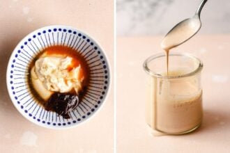 Left: A bowl with mayonnaise, minced garlic, dark paste, and a reddish sauce for bang bang sauce salmon bites. Right: A spoon drizzling creamy brown sauce into a glass jar on a light surface.