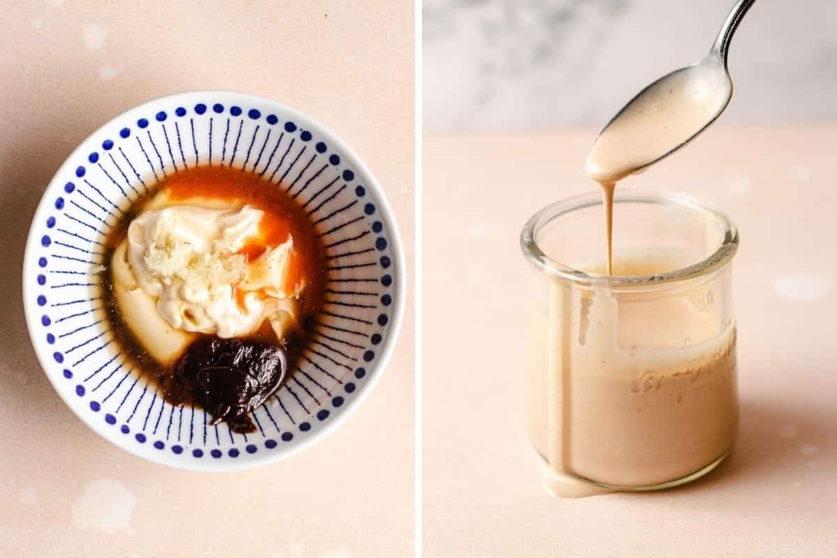 Left: A bowl with mayonnaise, minced garlic, dark paste, and a reddish sauce for bang bang sauce salmon bites. Right: A spoon drizzling creamy brown sauce into a glass jar on a light surface.