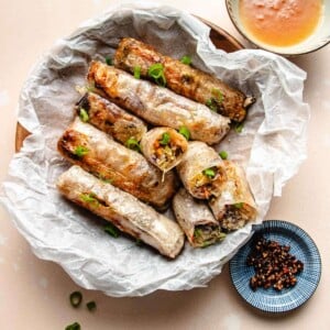 Rice paper egg rolls recipe with crispy rice wrappers.