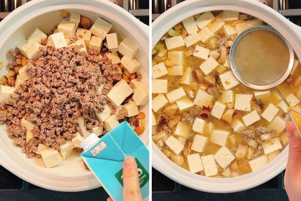 Two side-by-side images show tofu cubes and cooked ground meat in a pot, beginning the process for Westlake soup. On the left, liquid is being poured in to combine with the ingredients. On the right, a ladle skim off the foam on the surface of the broth to keep the soup clean and clear —an essential step in making authentic West Lake beef soup.