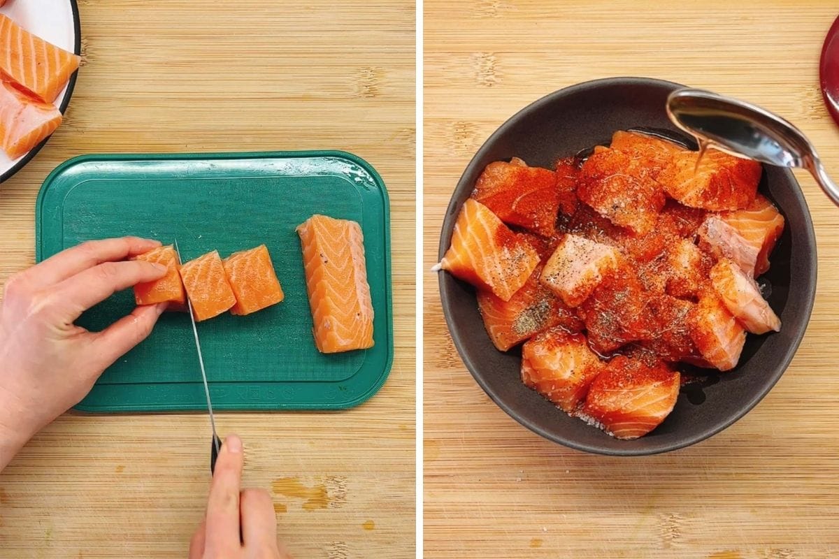 Two images side by side: on the left, hands slice fresh salmon for bang bang salmon bites; on the right, salmon chunks in a bowl are being seasoned with spices and ready to be tossed in bang bang sauce.