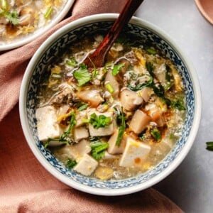 Recipe image for Westlake beef soup served in a blue white color soup bowl