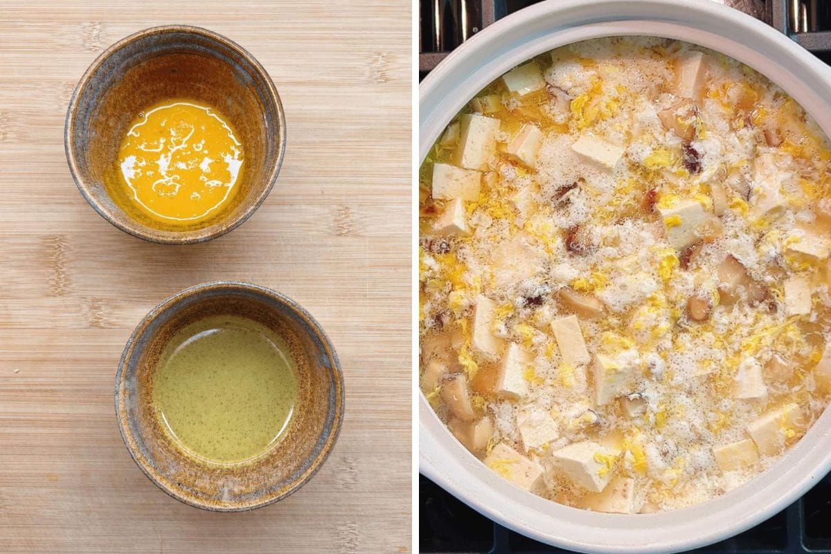 Two small bowls with whisked egg yolk and egg white on the left, with foam being removed. On the right, a pot of Beef Westlake soup with tofu cubes egg drops, and various ingredients, simmering gently on the stove.