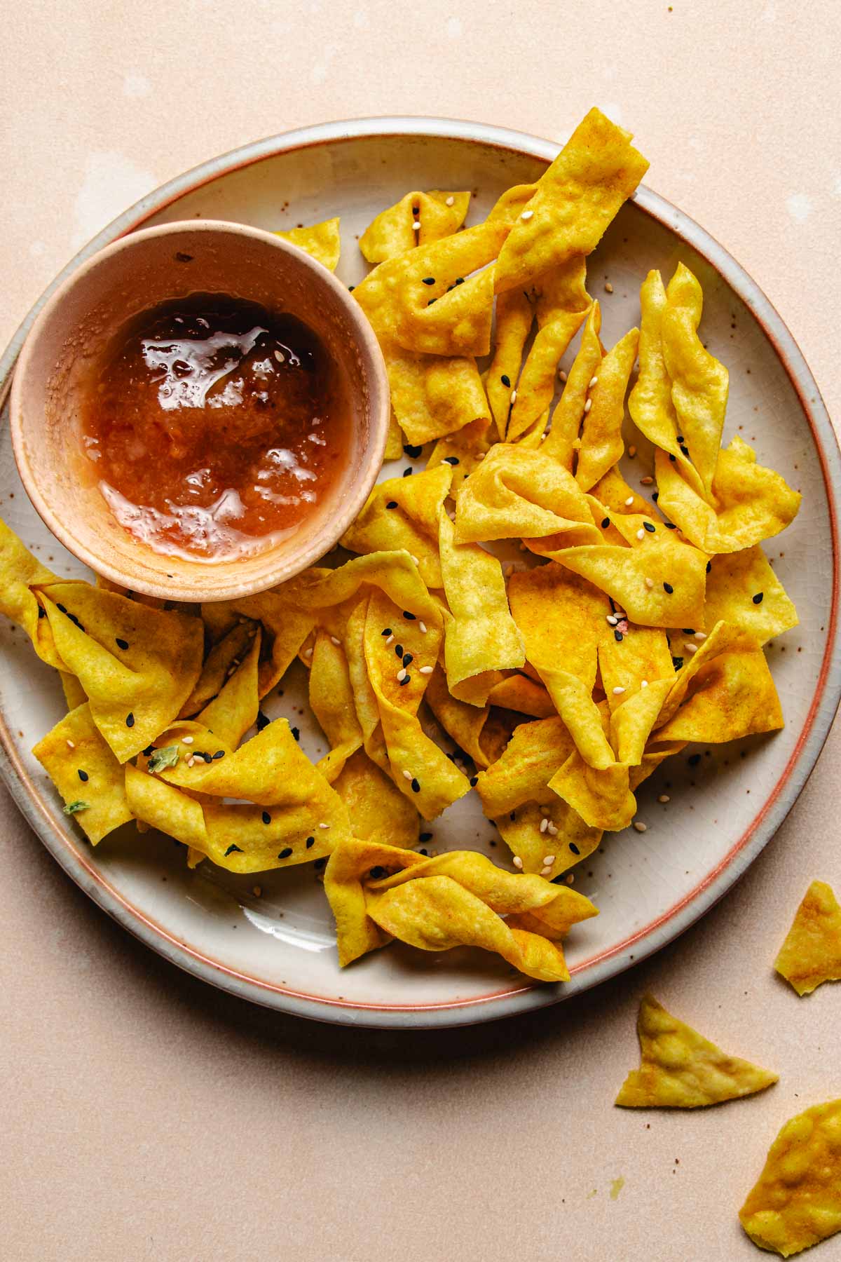 Feature image shows wonton chips made in an air fryer and served with sweet plum dipping sauce on the side.