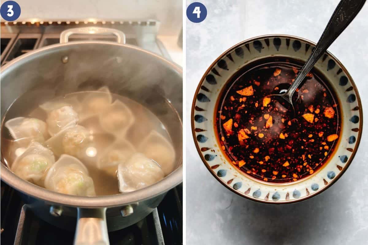 Person demos how to boil the wontons and prepare wonton sauce on the side.
