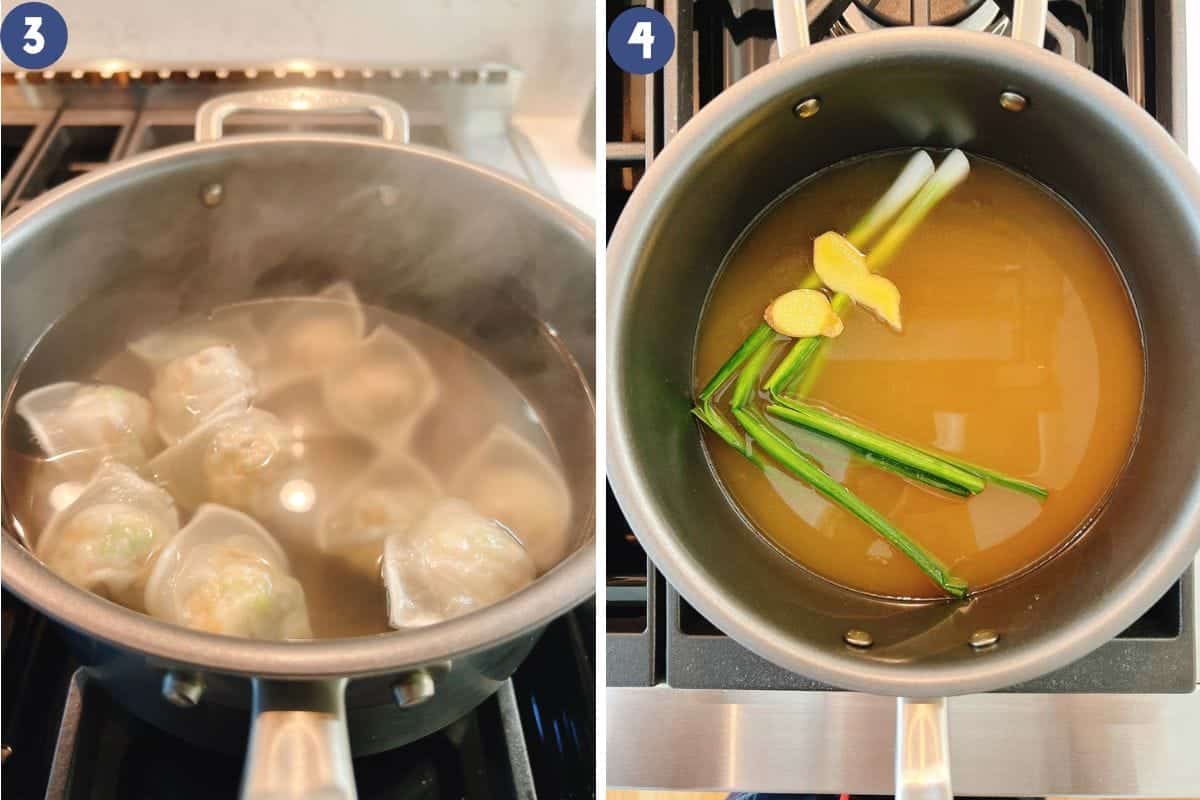 Person demos why boiling the wontons and making the egg drop soup separately in two pots to keep the soup broth clean.