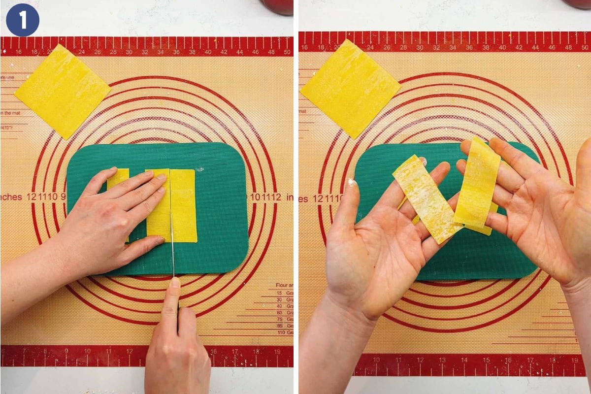 Person demos how to slice wonton wrappers into wonton strips.
