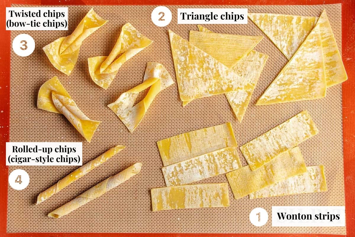 Photo shows 4 different ways to fold wonton wrappers into chips or strips.