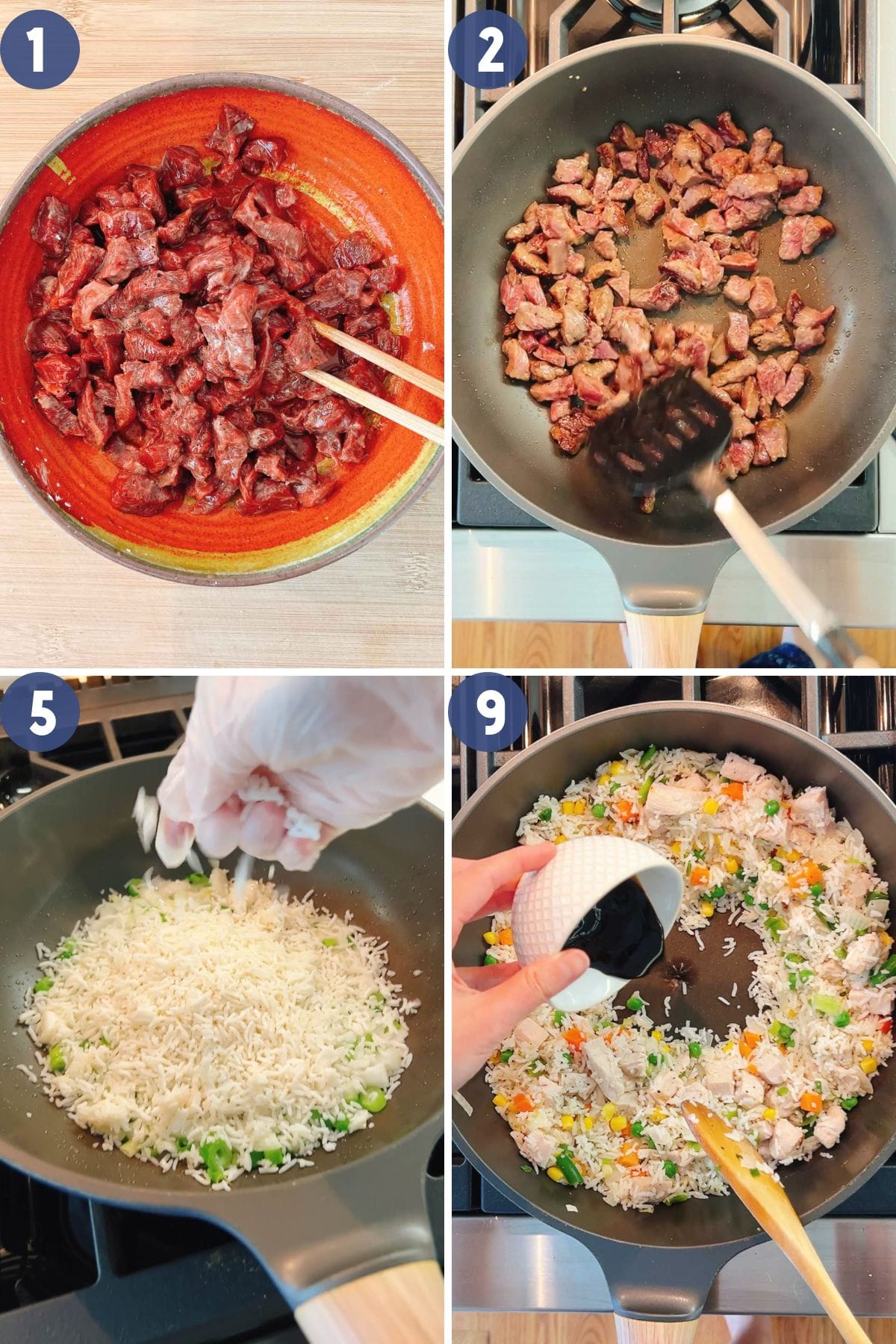 Person demos how to make steak fried rice.