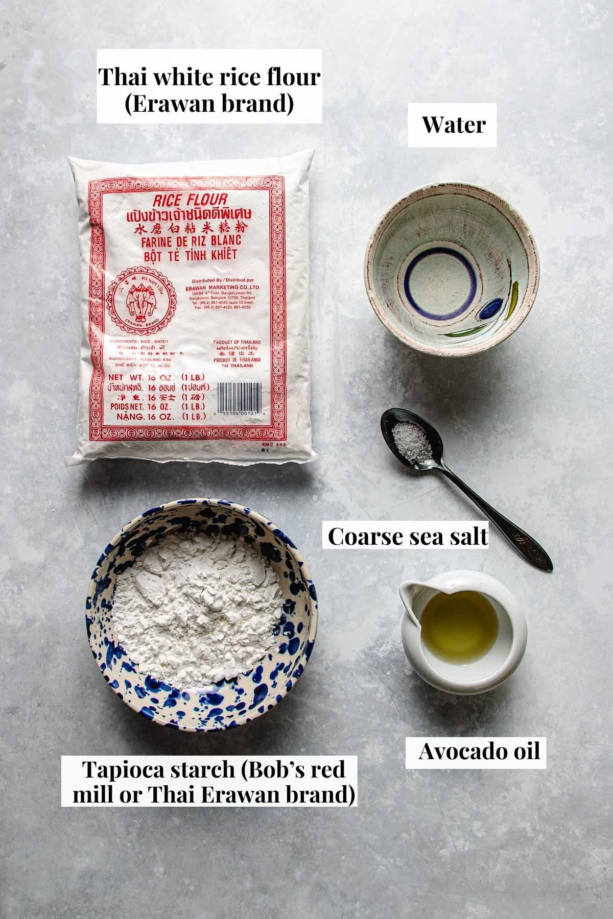 Photo shows ingredients needed to make wonton wrappers gluten free.