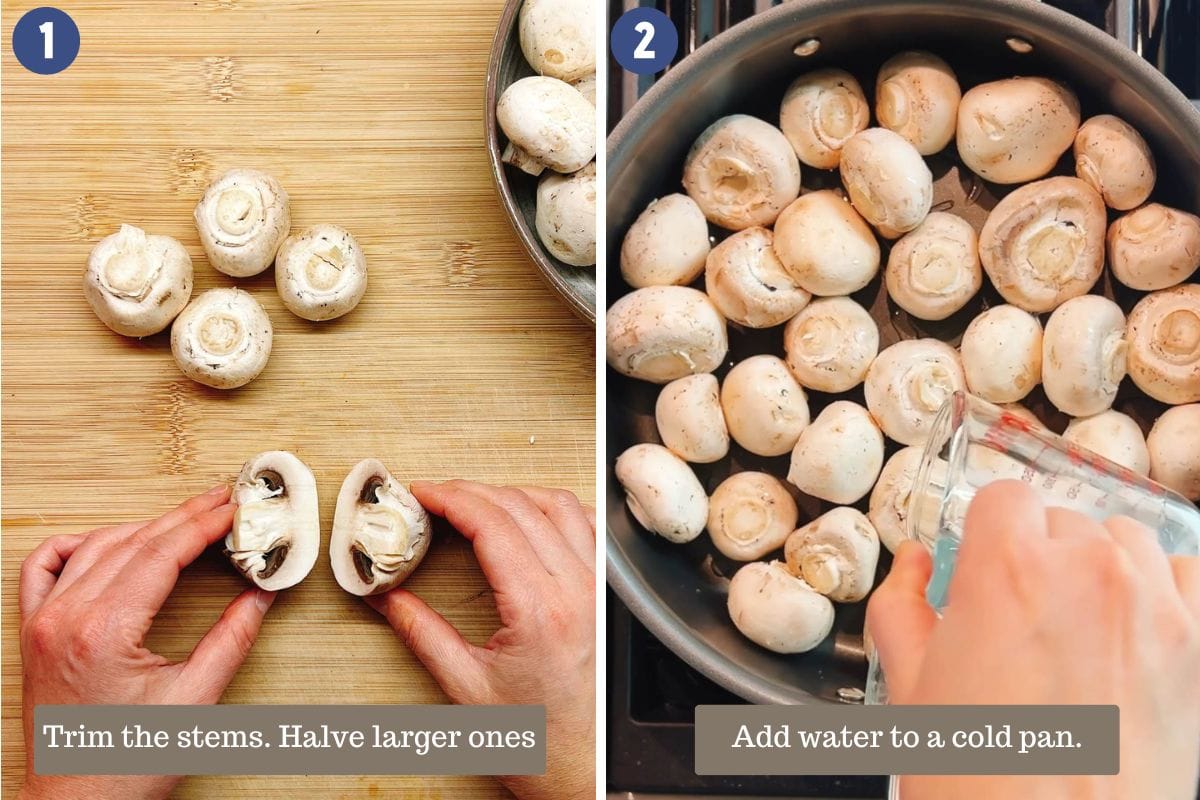 Person demos how to clean, trim, and saute mushrooms.