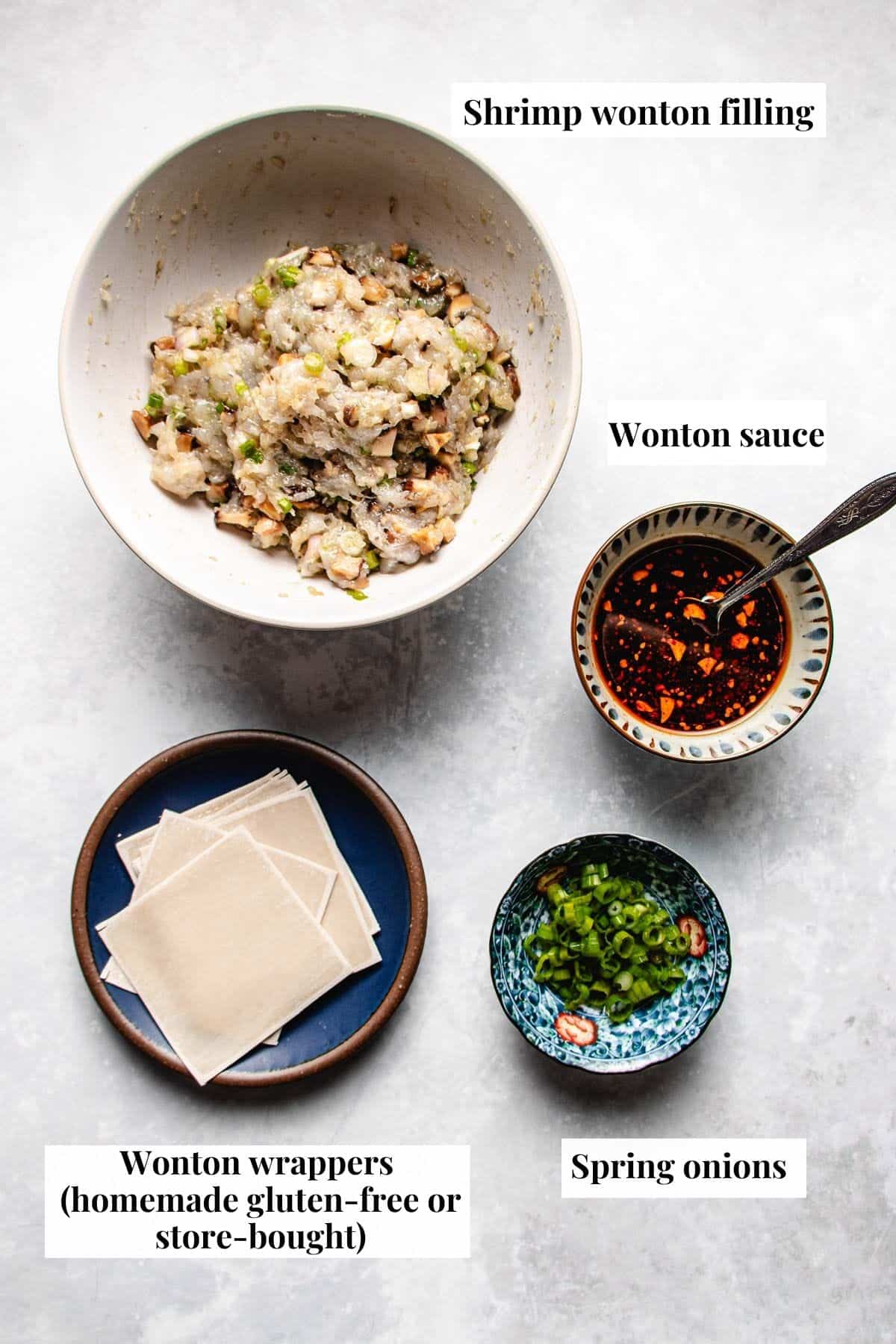 Image shows ingredients used to make shrimp wontons at home.