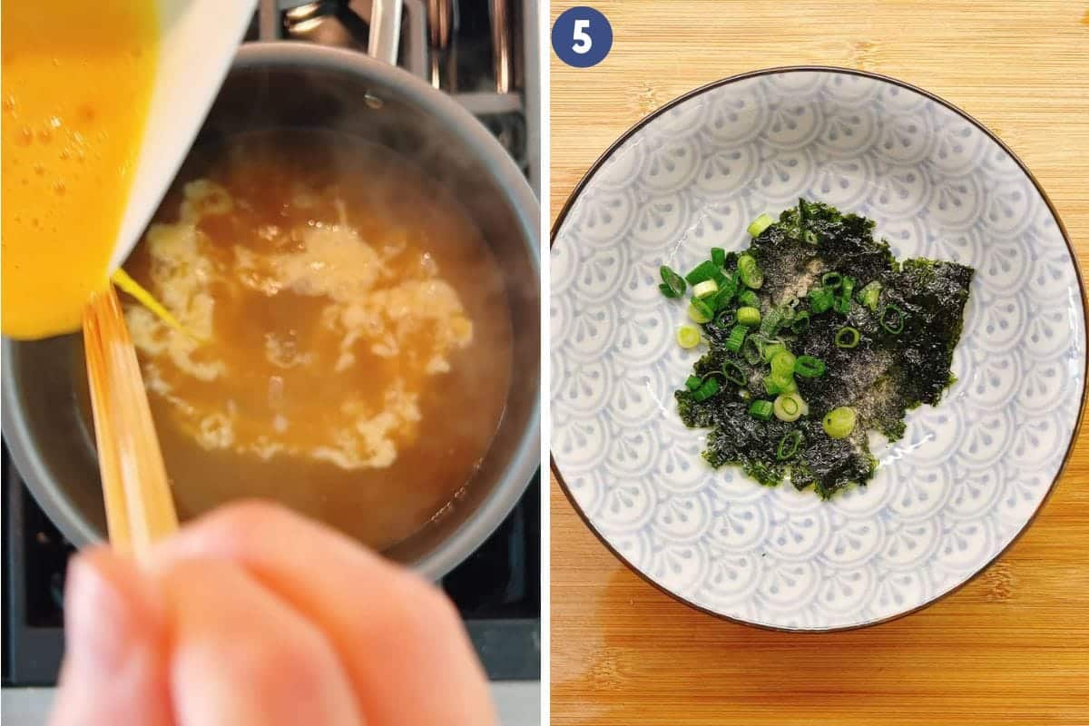 Person demos how to make egg drops in broth and what seasonings to add to the serving bowl to make a bowl of authentic wonton egg soup.