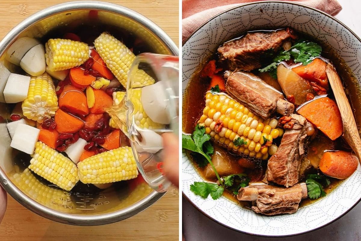 Left: Raw corn, carrots, root vegetables, and pork ribs in a pot with water being poured—preparing the base for a comforting Pork rib soup. Right: The finished soup features tender pork ribs, corn, carrots, daikon root veggies, herbs, and richly flavored broth served in a bowl.