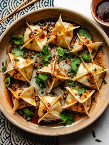 Feature image shows beef wonton pan seared then steamed to juicy tender and served on a big round plate.