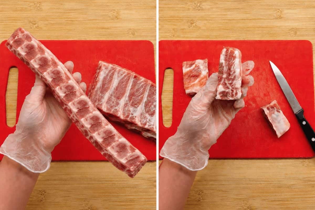 A gloved hand holds raw crosswise-cut pork ribs on a red cutting board. In the next frame, the ribs are cut into smaller pieces with a knife beside them, preparing the perfect base for Daikon pork rib soup.