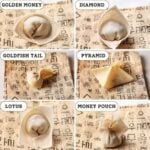 Recipe image demos how to fold wonton dumplings.