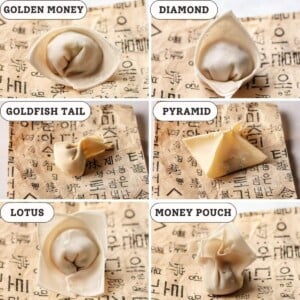 Recipe image demos how to fold wonton dumplings.
